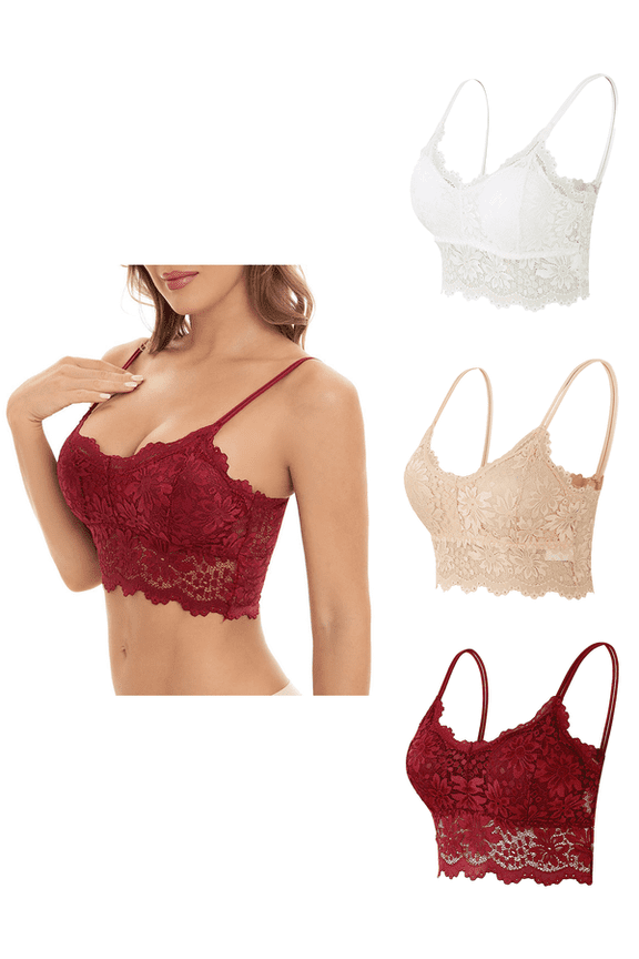 3PCS Women Lace Bra Sexy Seamless Breathable Comfortable Bralettes Wireless Bralette Strappy Padded Bandeau Bra Crop Top(red.beige.white XL-2XL)