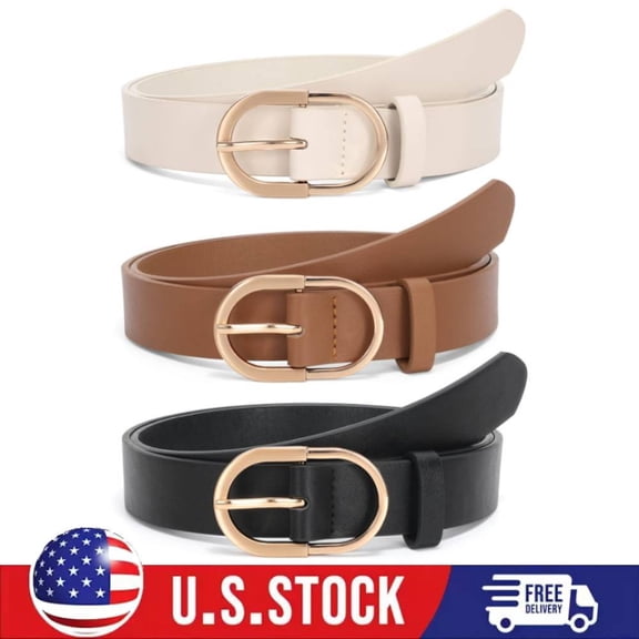 3PCS Women Leather Belts for Jeans Pants Fashion Ladies Belt w/ Gold Buckle Gift