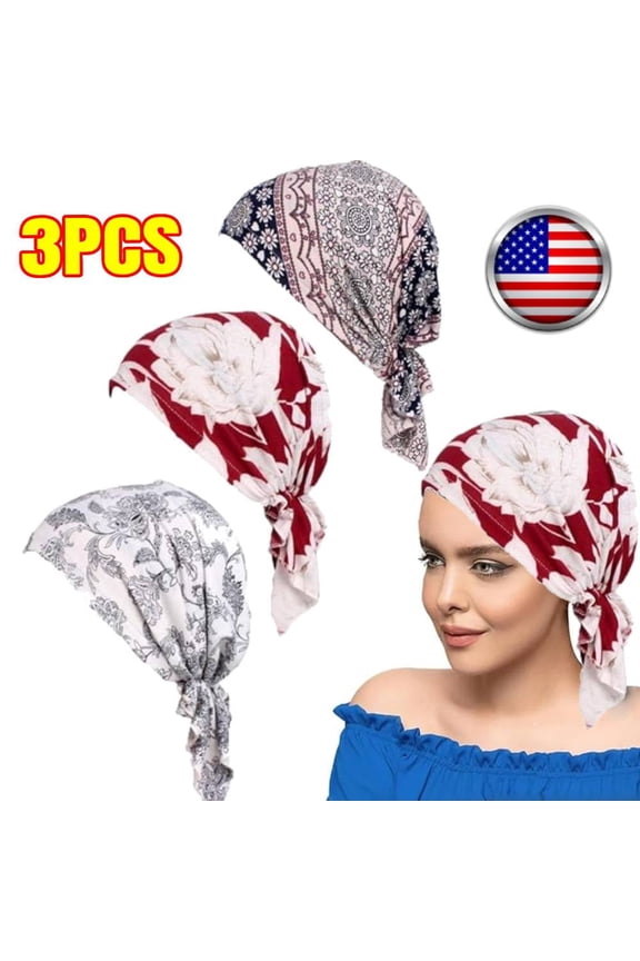 3PCS Women Stretch Cotton Print Sleep Turban Hat Headwear Scarf Chemo Beanie Cap for Cancer Hair Loss