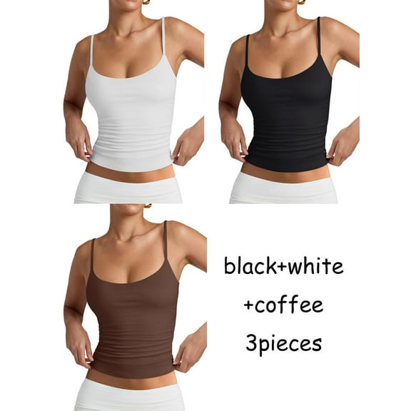 3PCS Women's Basic Double Lined Scoop Neck Tank Tops Adjustable Cami Tank Summer Sleeveless Tops(black.white.coffee L)