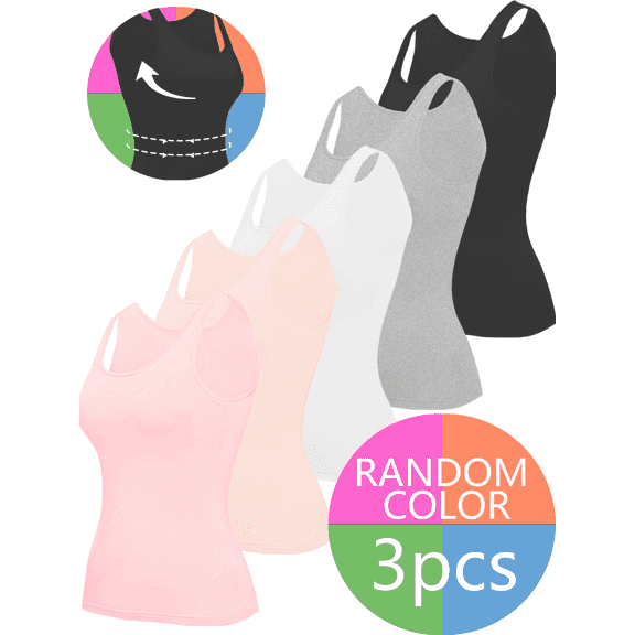 3PCS Women's Camisole with Built in Bra Tank Tops for Layering Stretch Casual Undershirts wider straps（3 Random Colors）