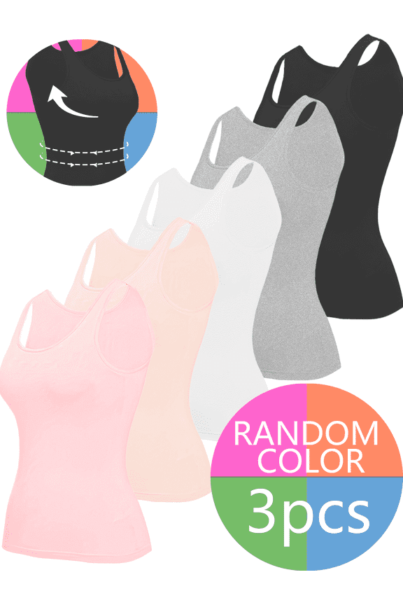 3PCS Women's Camisole with Built in Bra Tank Tops for Layering Stretch Casual Undershirts wider straps(3 Random Colors)