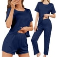 thumbnail image 1 of 3PCS Women's Loungewear Sets Short Sleeves Tops Solid Shorts Long Pants Soft Sleepwear Casual Pajamas Set Navy S, 1 of 9