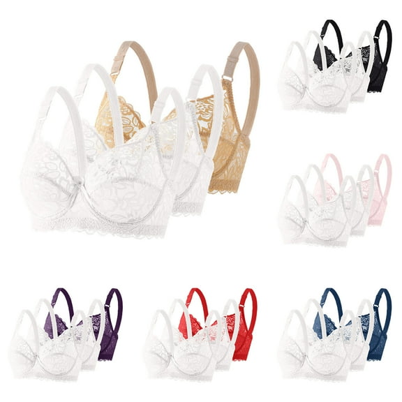 3PCS Women's Plus Size Bras Push up Supportive Bras Underwire Solid Color Lightweight Women Bralette Bras for Heavy Breast Black 36