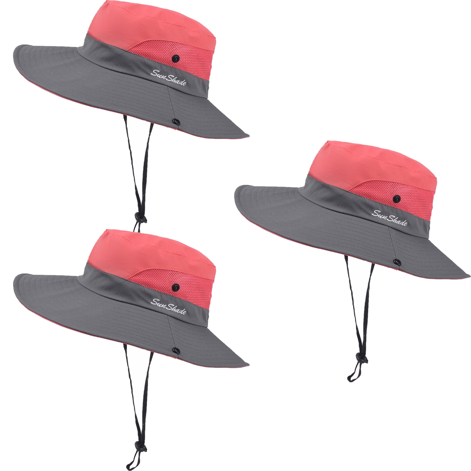3PCS Women's Safari Hat UV Protection Wide Brim Fishing Hat,Gray&Red