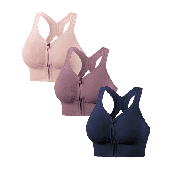 3PCS Women's Zip Front Sports Bra Wireless Post-Surgery Bra Active Yoga Sports Bras Cross Back Seamless Padded Bralettes