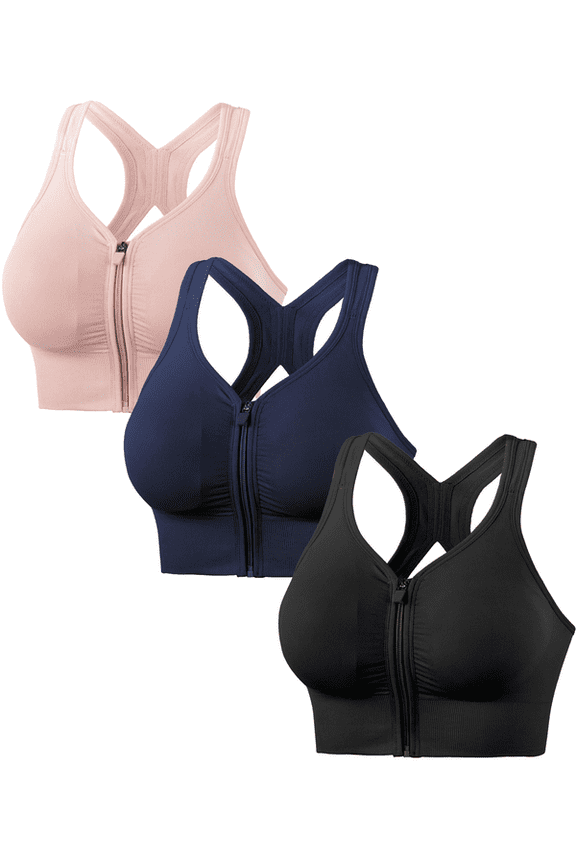 3PCS Women's Zip Front Sports Bra Wireless Post-Surgery Bra Active Yoga Sports Bras Cross Back Seamless Padded Bralettes