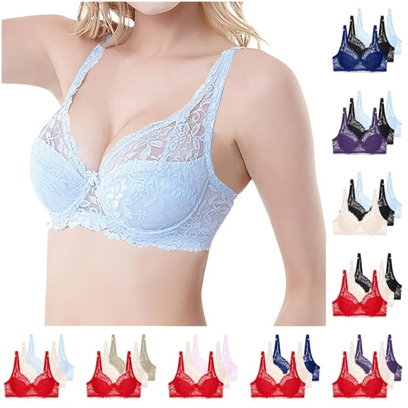 3PCS Womens Push up Bras with Underwire Plus Size Women Full Coverage Lace Soft Daily Solid Color Supportive Bras for Heavy Breast Pink 80C