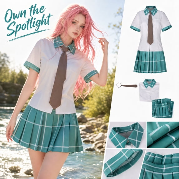 3PCS Womens School Uniform Cosplay Set, Short Sleeve Button Shirt with Necktie and Pleated Plaid Skirt, Japanese Anime Fancy Dress Outfit for Halloween Party Show