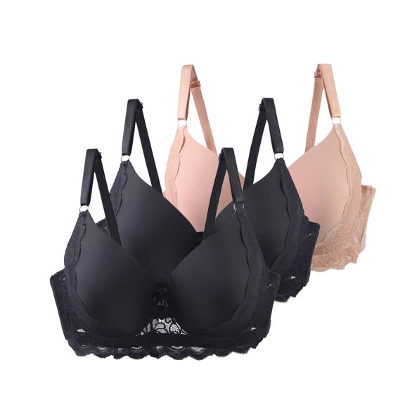 3PCS Womens Underwire Bras Deep V Solid Color Lace Breathable Underwear Full Coevrage Push up Anti Sagging Bras (105C, 2*Black,Beige)