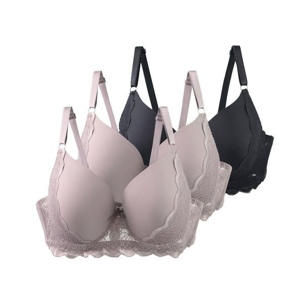 3PCS Womens Underwire Bras Deep V Solid Color Lace Breathable Underwear Full Coevrage Push up Anti Sagging Bras (115C, 2*Beige,Black)