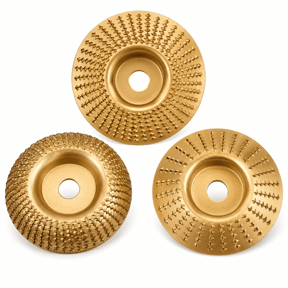 3PCS Wood Grinding Disc Set for Angle Grinder, 100mm Wood Carving Disc Attachments, Flat Curved Beveled Shaping Wheel for Wood Sanding, Grinding, Polishing & Surface Finishing, Gold
