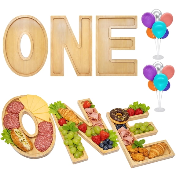 3PCS Wooden Birthday Party Decorations “ONE” Charcuterie Board Box-(with 14 Balloons) “ONE” Charcuterie Letter Fillable Food Serving Tray Board Dish Decorative Platter for Gender Reveal Birthday P