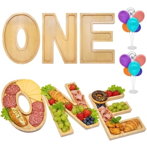 3PCS Wooden Birthday Party Decorations “ONE” Charcuterie Board Box-(with 14 Balloons) “ONE” Charcuterie Letter Fillable Food Serving Tray Board Dish Decorative Platter for Gender Reveal Birthday P