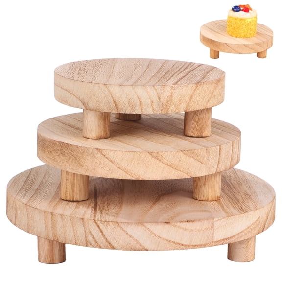 3PCS Wooden Display Risers, Round Pedestal Stands 5"/6"/8", Cupcake Display Riser, Rustic Burnt Wood Mini Display Trays, Farmhouse Pedestal Holders for Candle, Plant, Vase