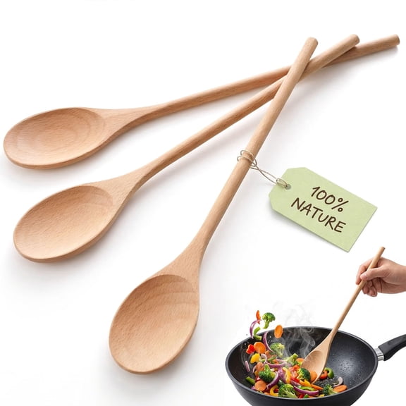 3PCS Wooden Spoons for Cooking, 12 Inch Long Handle Mixing Spoons for Baking, Stirring Sauces, Soups, Jam, Nonstick Cookware Safe, Kitchen Utensils Set, Thoughtful Gifts for Home Chefs, Brown