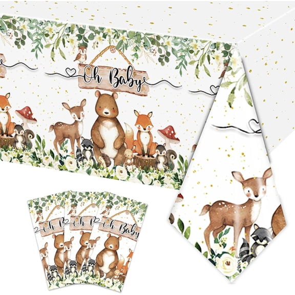 3PCS Woodland Baby Shower Tablecloth Boys Girls Safari Jungle Wild Animal Party Decorations Nature Sage Forest Table Cover Table Cloths Party Supplies -54x108in
