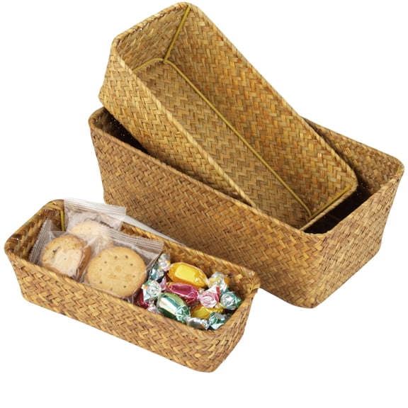 3PCS Woven Desktop Storage Baskets Set, Handwoven Seagrass Baskets Rectangular Organizer Bin, Versatile Storage for Sundries, Snacks, Remotes, Keys, Orange