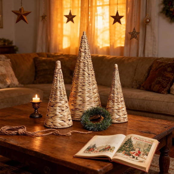3PCS Woven Wicker Christmas Trees Decor, Artificial Christmas Tree Decorations for Home Party Table Village, Craft Indoor Vintage Christmas Decor