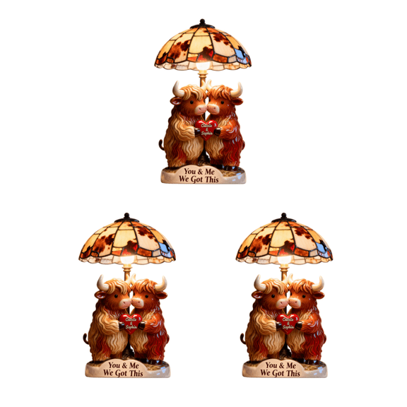 3PCS "You & Me We Got This" Highland Cow Night Light, Vintage Style Highland Cow Couple Night Lamp, Decorative Stained Acrylic Shade Light for Couple Anniversary Home Gift