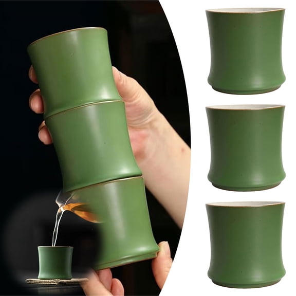 3PCS Zen Bamboo Joint Ceramic Cup - 100Ml Bamboo Tea Cup Handcrafted Green Tea Mug | Minimalist Nature-Inspired Design for Tea, Espress Sake