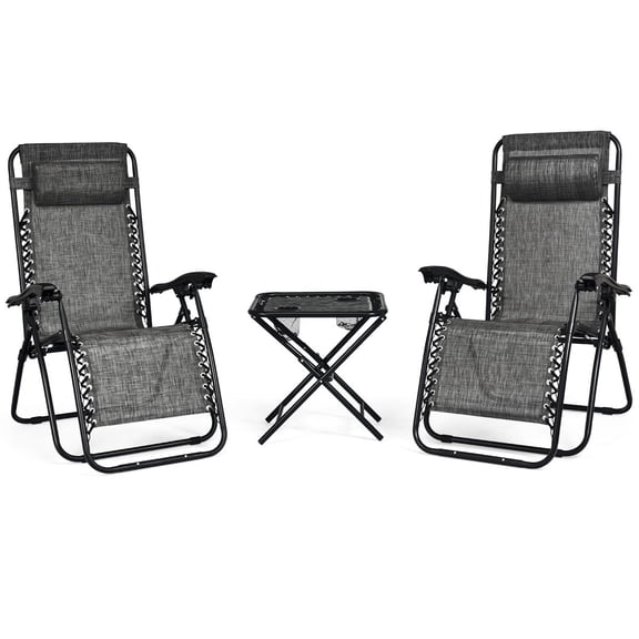 3PCS Zero Gravity Recliner Lounge Chairs Pillows Table Portable Folding Grey