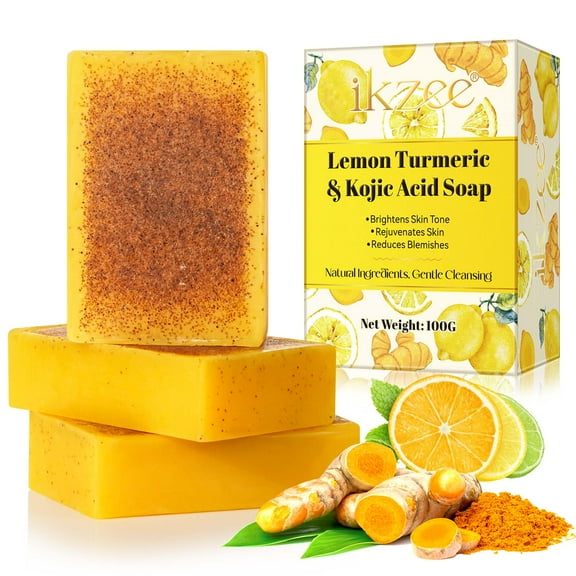 3PCS ikzee Kojic Acid Lemon Turmeric Soap for Face and Skin, Acne Scar - Dead Skin - Deep Cleansing - Refreshing (Foam Net Included)