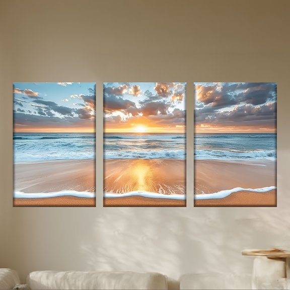 3PCs Frameless, Beach Waves before Sunset, Posters and Prints, Library, Office, Living Room, Bar, Abstract Art, Cafe, Perfect Birthday, Festival Gift,