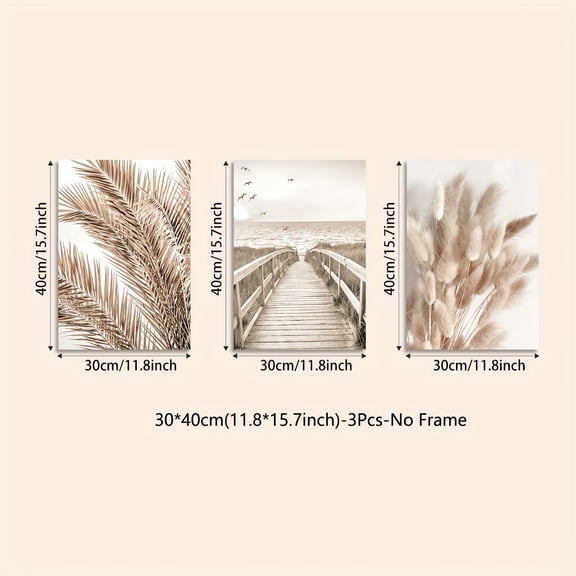 3PCs Frameless Canvas Poster, Modern Art, Beige Bohemian Leaf Grass Seaside Beach Trestle Landscape Painting, Ideal Gift for Bedroom Living Room Corridor, Wall Art,WallDecoration WinterRoom Decoration