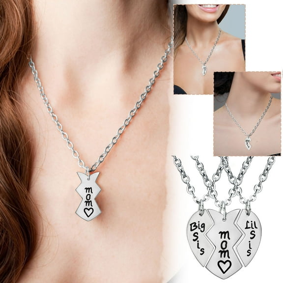3PCs Mother Daughter Necklace Set Big Sis Lil Sis Mom Jewelry Gift Heart Necklace