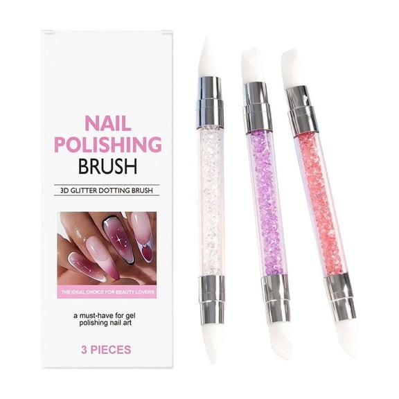 3PCs Nails Art Brush Set,Silicone Double Tipped Shaping Brush Set,Rhinestone Nail Polish Carving Pen Tipped,Soft Silicone Head Beauty Instrument,Gel Nail Accessory for Professional Home Manicure