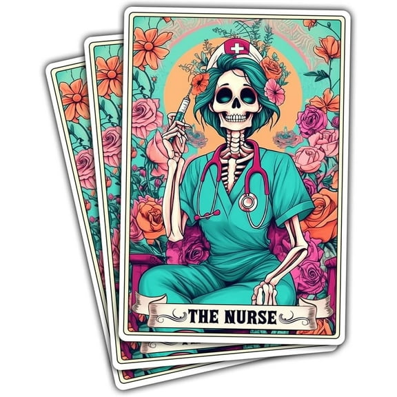 (3PCs) The Nurse Tarot Vinyl Sticker, The Nurse Tarot Card Holographic Stickers, Nurse Skeleton Hologrpahic Vinyl Stickers, Fun Nurse Decal- Stickers for Laptop Water Bottle Phone Car Helmet 3"