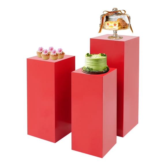 3PCs Red Metal Pedestal Stand for Party, Red Square Display Stands Pillars for Wedding, Square Tall Pedestal Cake Stands Pillars for Parties, Sculpture Display Column Decoration Cube