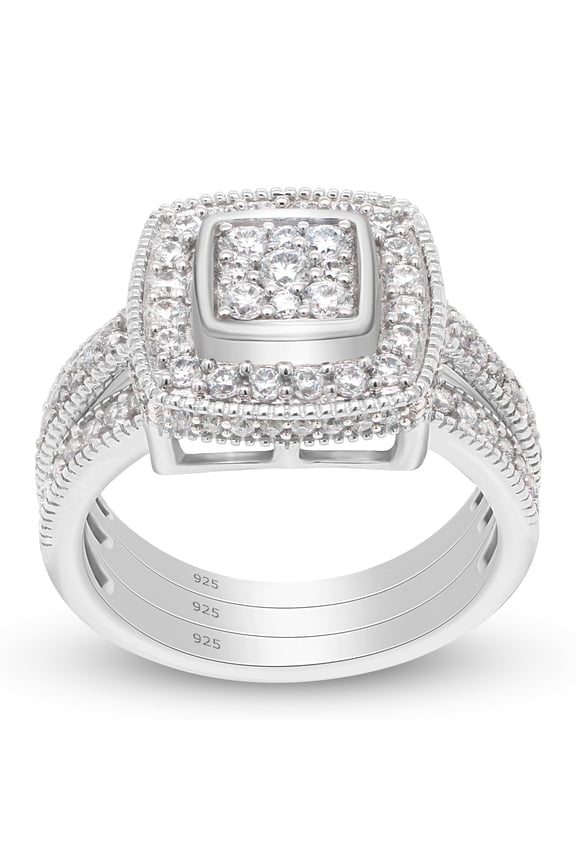 1CT Moissanite Diamond Square Cluster Engagement Bridal Ring Set 14K White Gold over Silver-5