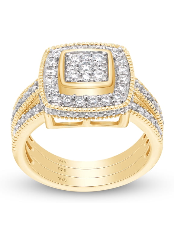 1CT Moissanite Diamond Square Cluster Engagement Bridal Ring Set 14K Yellow Gold over Silver-10
