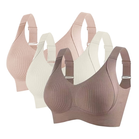 3PCs Womens Wireless Bras No Underwire Push Up Bra 2025 Seamless Ribbed Cozy Full Coverage Adjustable Straps Everyday Bra