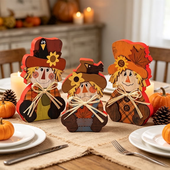 3PCs Wooden Scarecrow Standing Decoration for Fall, Rustic Harvest Tabletop Ornament for Shelf Mantel, Thanksgiving Centerpiece and Seasonal Home Decor