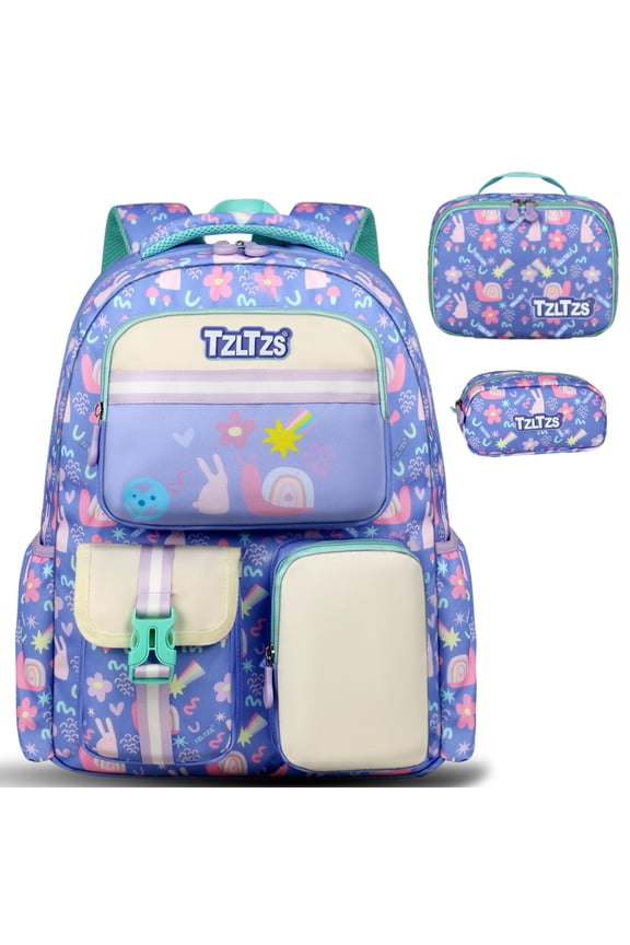 Backpack Set for Girls, 3Pcs School Backpack With Lunch Box and Pencil Case, Girls Elementary school Bag, Cute Cartoon Print Bookbag