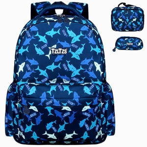 Set de mochila escolar para niños, estampado de tiburón, impermeable, 3 piezas con lonchera y estuche para lápices para estudiantes de primaria