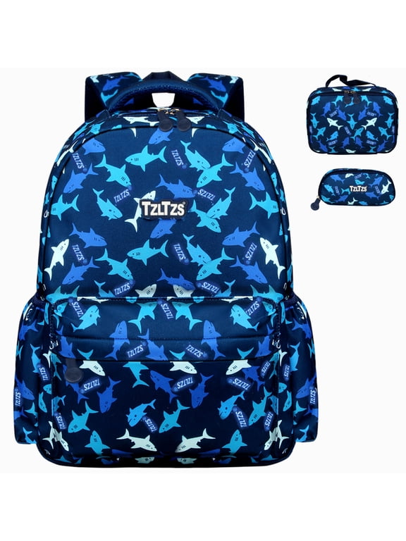 Kids Shark Backpack Set Navy 3 Piece Insulated Lunch Bag and Pencil Case Gift Set