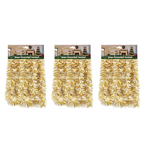 3PK 10FT Christmas Tinsel Garland Shiny Metallic Tinsel Twist Garland Streamers Ornaments Long Glitter Christmas Tree Hanging Decorations for Party Holiday Wedding Birthday,Gold+White