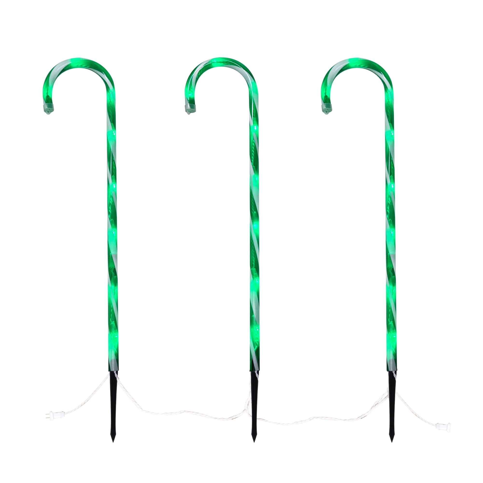Light-Up Candy Cane Outdoor Christmas Yard Stakes, Green and White, 26", Set of 3, by Holiday Time
