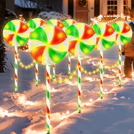 8PK 28inch Christmas Pathway Light Lollipop 8 Lighting Modes Flickering Candy Marker Waterproof Outdoor Christmas Pathway Decor Light