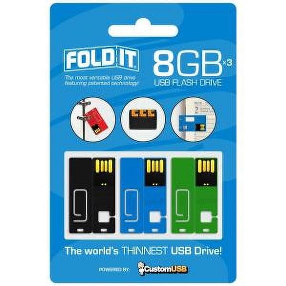 3PK 8GB CUSTOMUSB FOLDIT USB INCLUDES BLACK LT BLUE GREEN