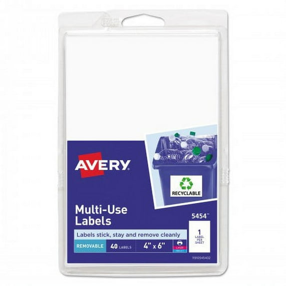 3PK Avery Removable Multi-Use Labels, Inkjet/Laser Printers, 4 x 6, White, 40/Pack, (5454) (05454)