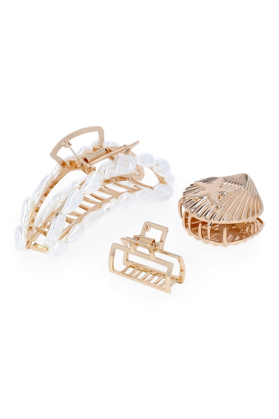 Women's Gold Tone Metal Claw Clip Set with Faux Pearl Embellishments, 3-Piece