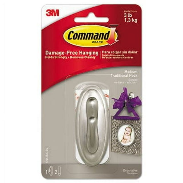 3PK Command 17051BNES Decorative Hooks, Traditional, Medium, 1 Hook & 2 Strips/Pack