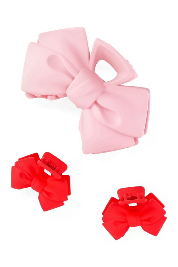 Girls Bow Shape Hair Claw Clip Set, 3-Piece, Red/Pink