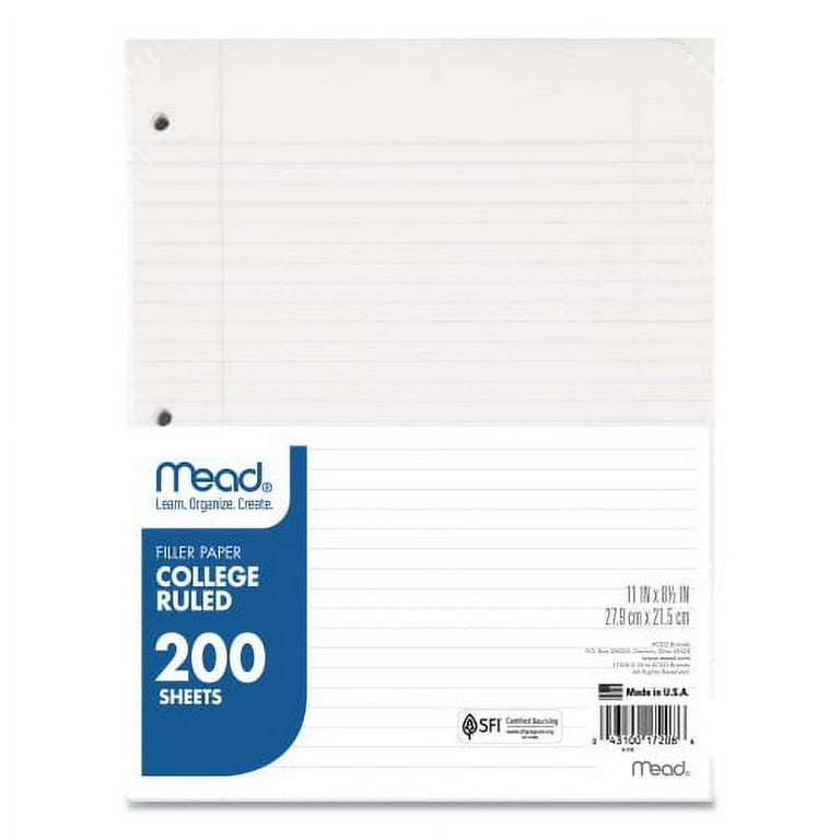 Filler Paper, 3-Hole, 8.5 x 11, College Rule, 200/Pack Filler Paper, 3-Hole, 8.5 x 11, College Rule, 200/Pack
