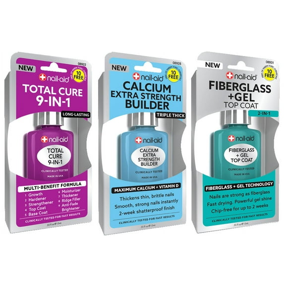 Nail Aid 3-Pack, Total Care 9-in-1 + Calcium Extra Strength Builder + Fiberglass Gel Top Coat